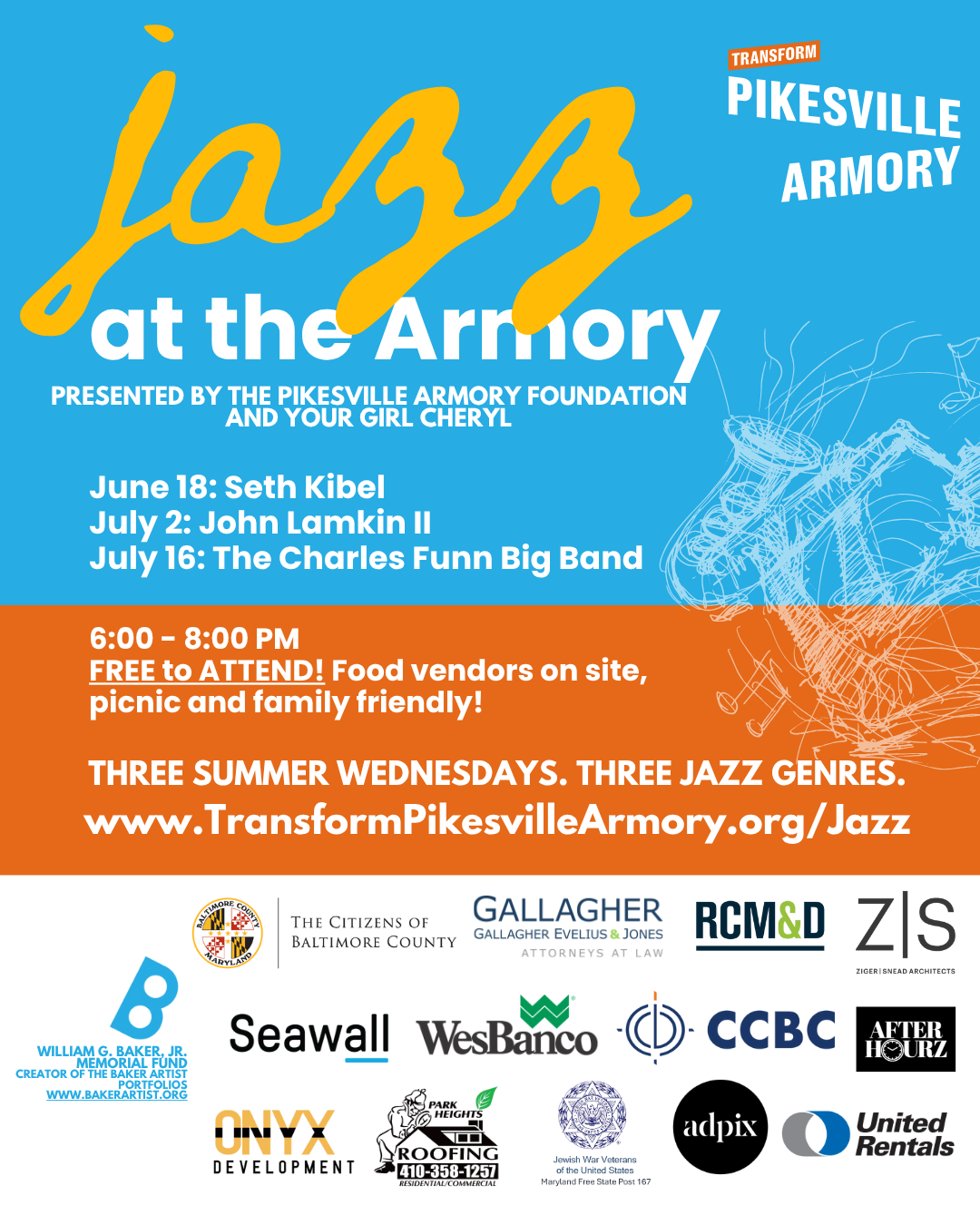 Flyer announcing Jazz at the Armory on June 18, July 2 and July 16 from 6-8pm.