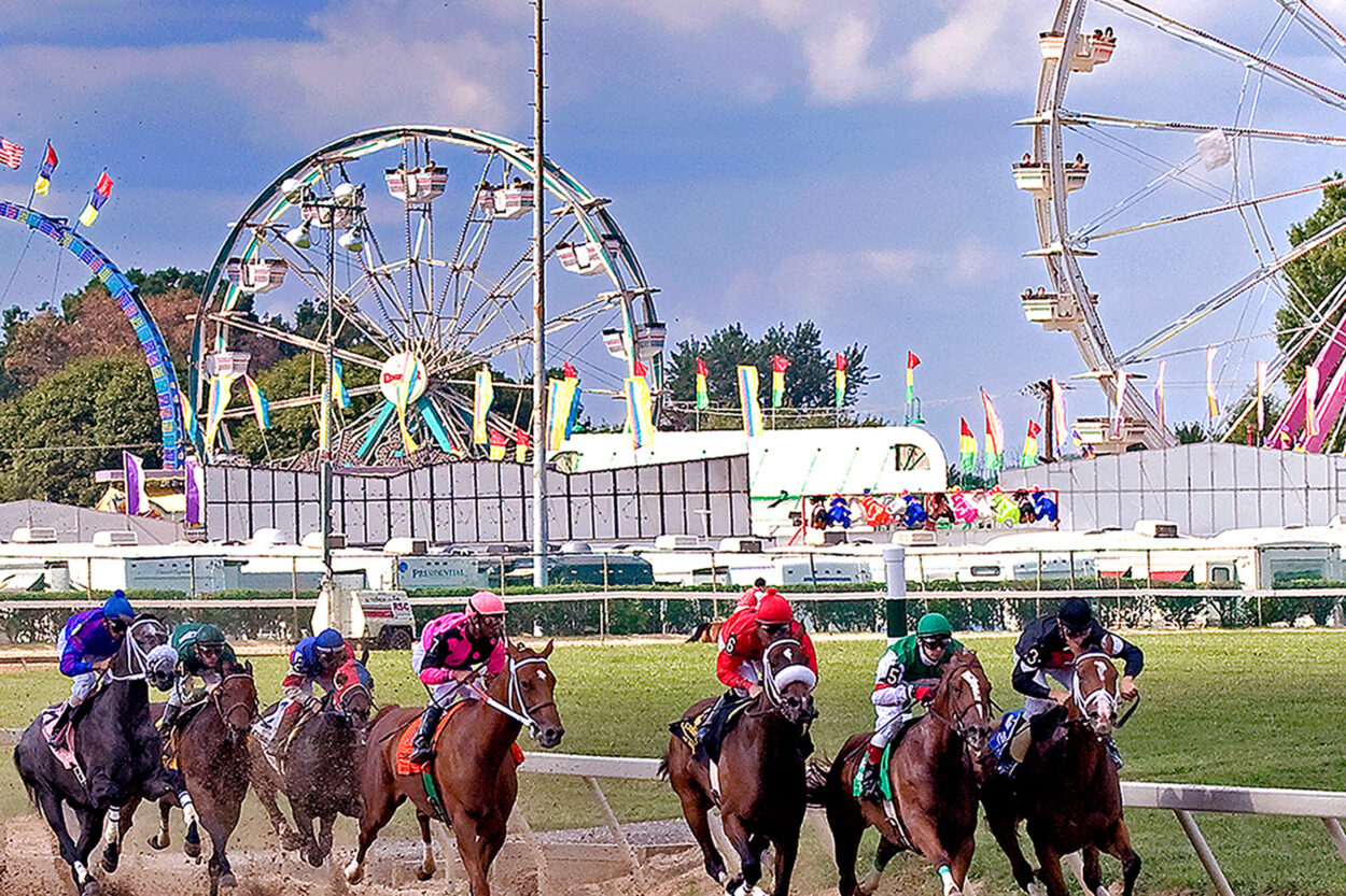 Thoroughbred Horse Racing with Ferris Wheels in the background.