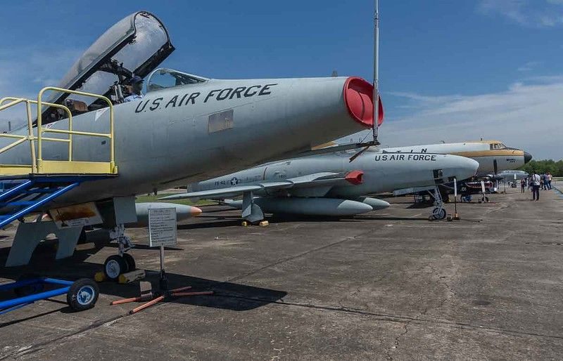 Older U.S. Air Force jets lined up outside at The Glenn L. Martin Maryland Aviation Museum.