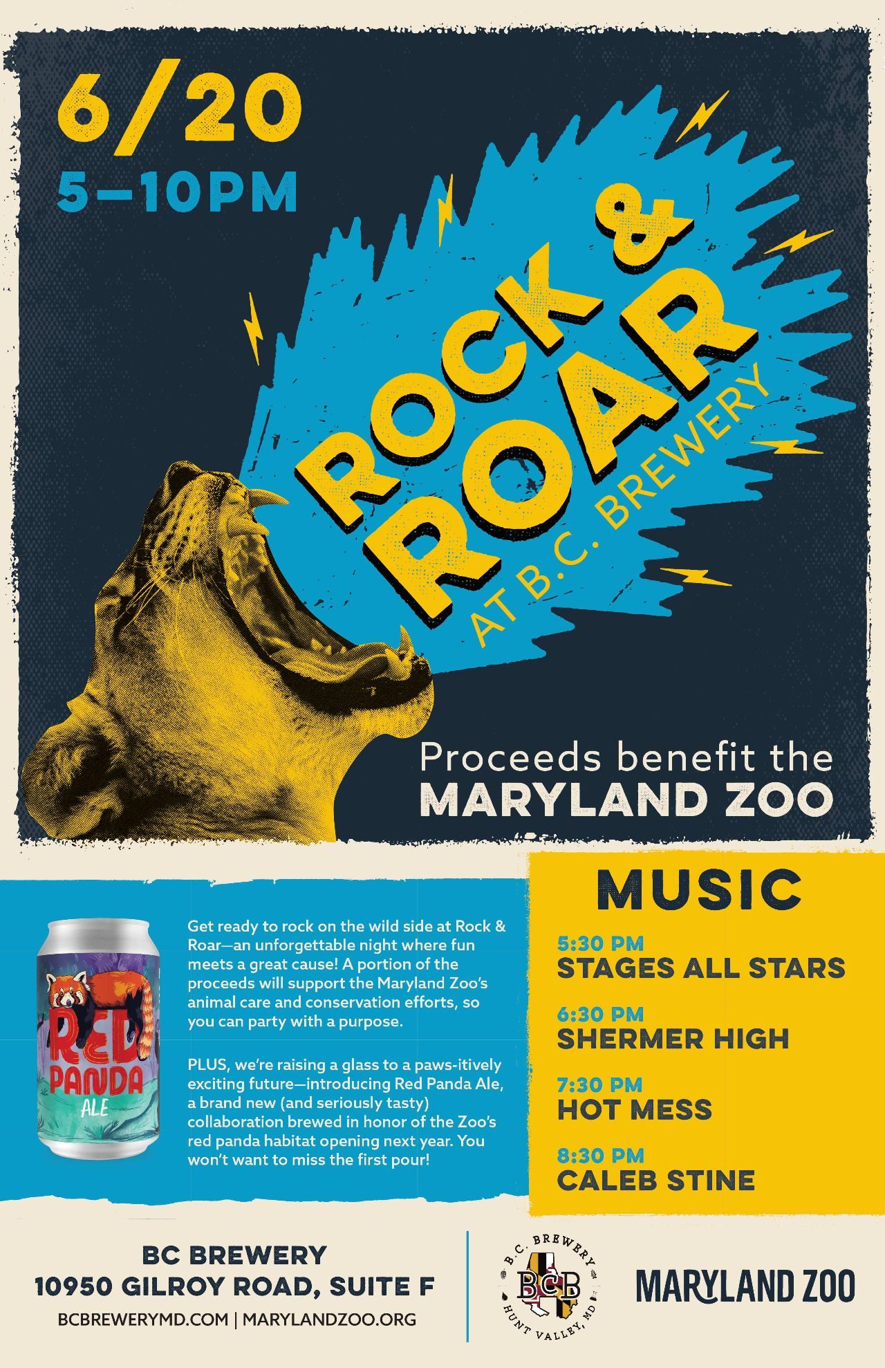 Flyer announcing Rock & Roar at B.C. Brewery on 6/20 from 5-10pm with proceeds benefiting the Maryland Zoo.
