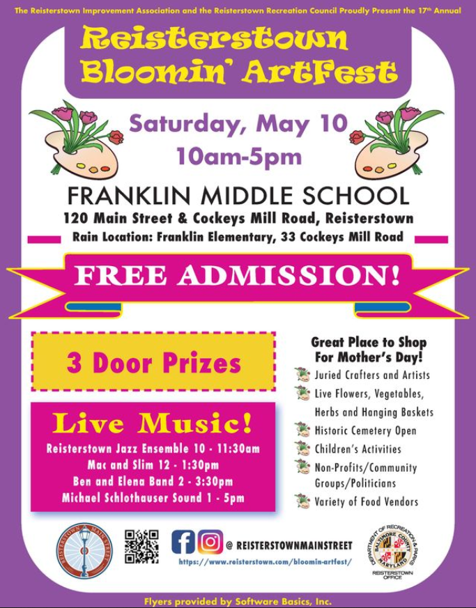 Flyer promoting the Reisterstown Bloomin' ArtFest on May 10 from 10am-5pm.