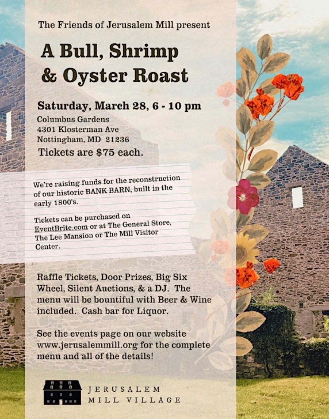 Jerusalem Mill Village: Bull, Shrimp, and Oyster Roast Fundraiser