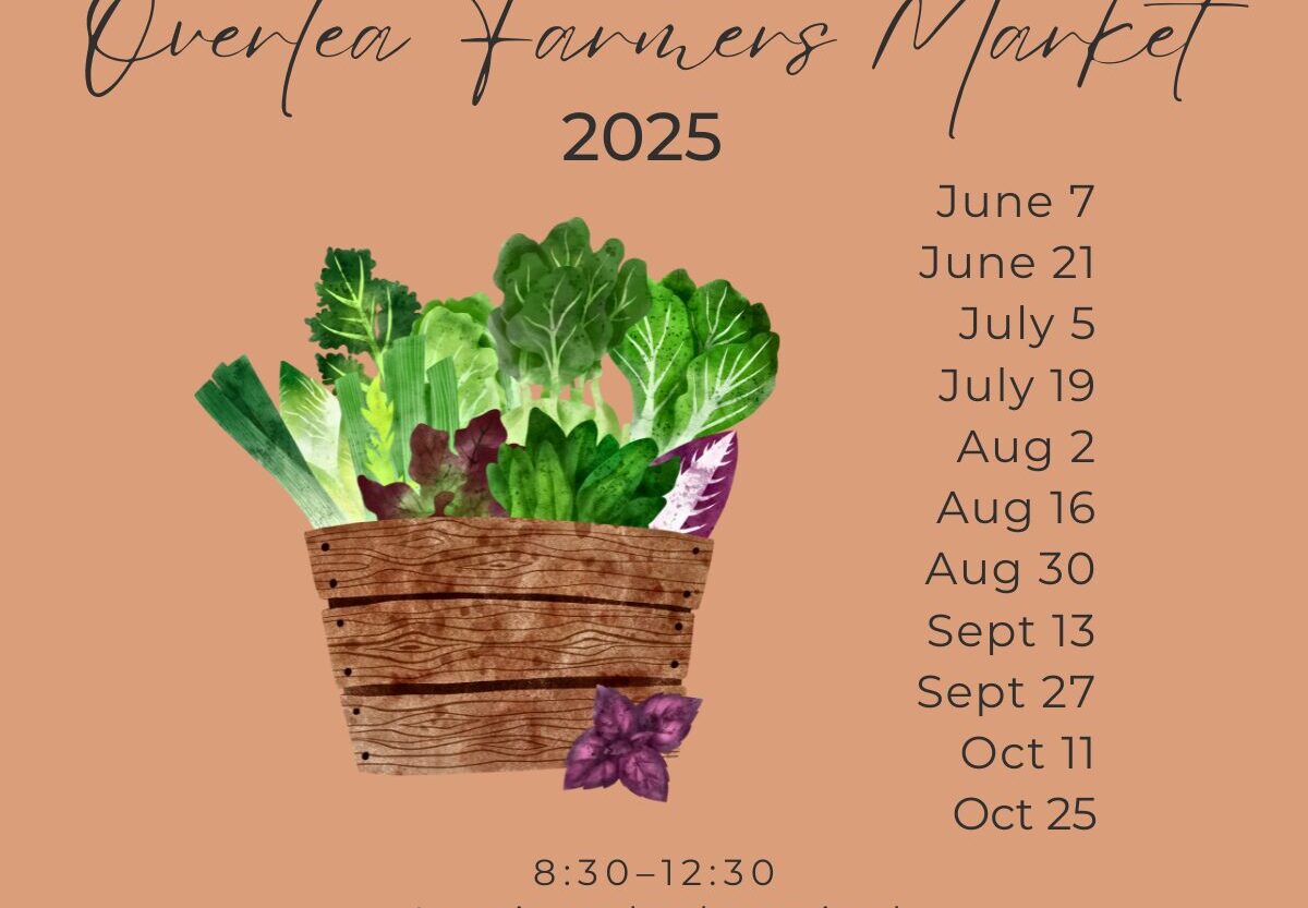 Flyer promoting the dates during the summer of 2025 that the Overlea Farmers Market is open.